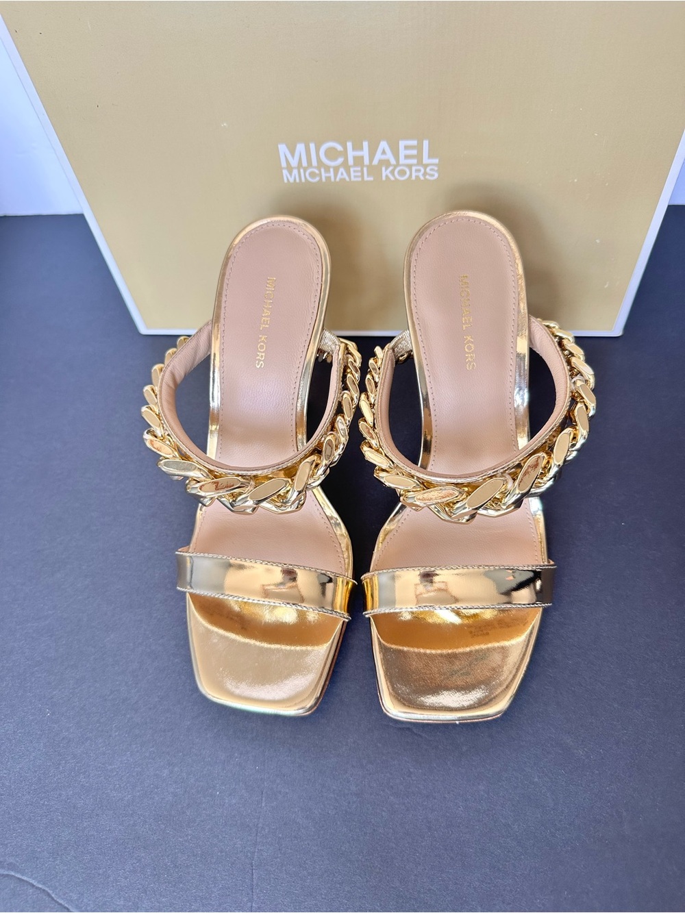 Michael Kors Metallic Gold Chain Strap High Heel Mules.  NEW WITH BOX - Picture 9 of 15